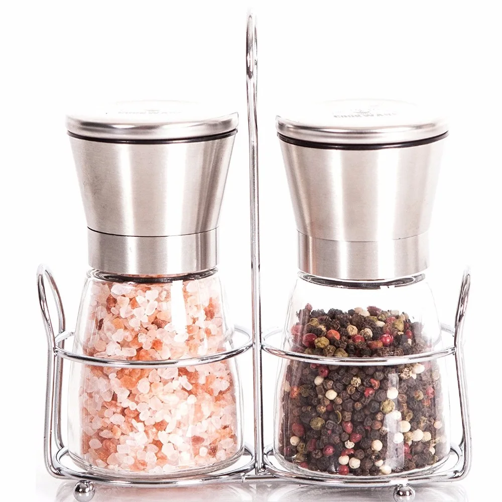 

Free Shipping Stainless Steel Salt and Pepper Shakers or Grinders with Matching Stand and Adjustable Coarseness Feature(325)