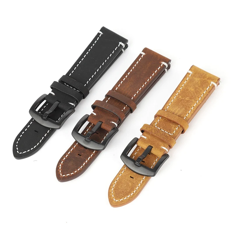 Watch Band Strap Vintage Style Pin Buckled Leather Wristwatch Bands Replacement Accessories(Genuine) Black Brown