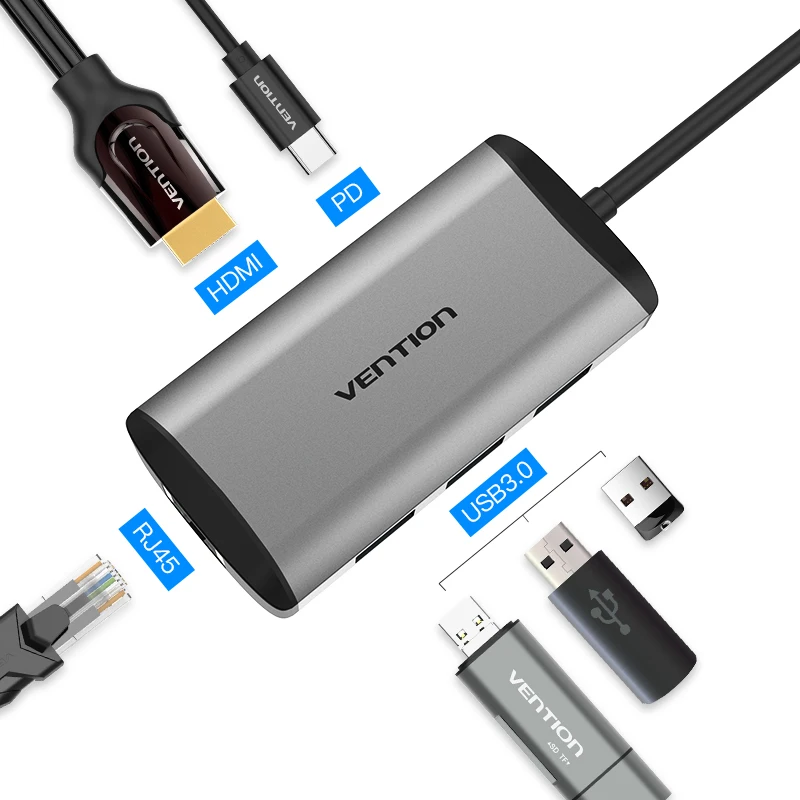 Vention usb-хаб type C-HDMI USB 3,0 концентратор Thunderbolt 3 адаптер для MacBook samsung S10 huawei mate 20 P30 Pro Apple USB-C HUB - Цвет: CNCHB gray