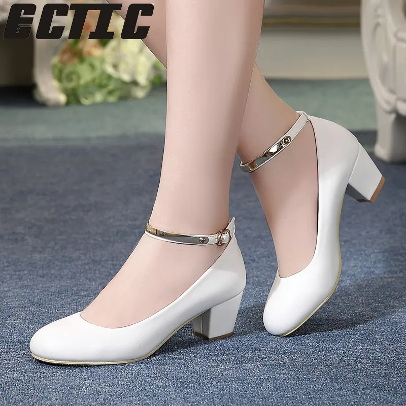 

ECTIC New Women's High Heels Pumps Sexy Bride Party Thick Heel Round Toe leather High Heel Shoes for office lady Women AE-14