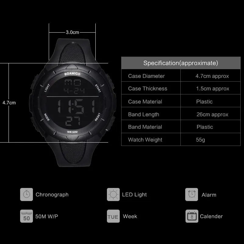BOAMIGO Брендовые мужские цифровые часы с большим лицом, светодиодный, спортивные часы 50 м, водонепроницаемые, многофункциональные наручные часы Relogios Masculino