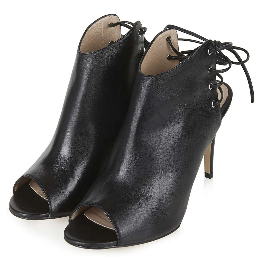 LAIGZEM Women Summer Booties Faux Leather Ankle Booties Stiletto Peep Toe High Heel Shoes Woman Botines Mujer Large Size 34-52 (5)
