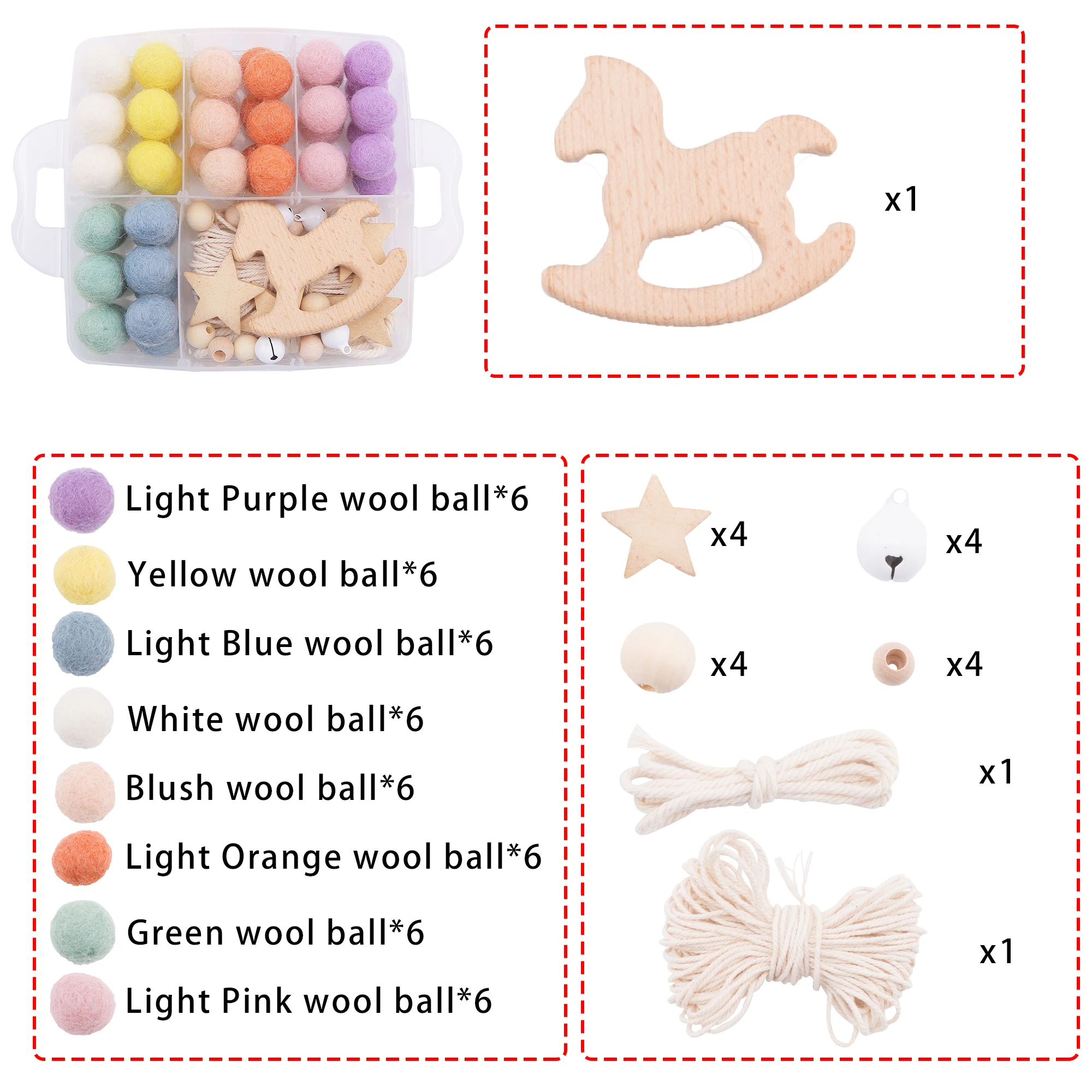  Baby Wooden Teether Suit DIY Bed Bell Toy Beech Rodent Ring Wool Ball Baby Room Decoration Christma