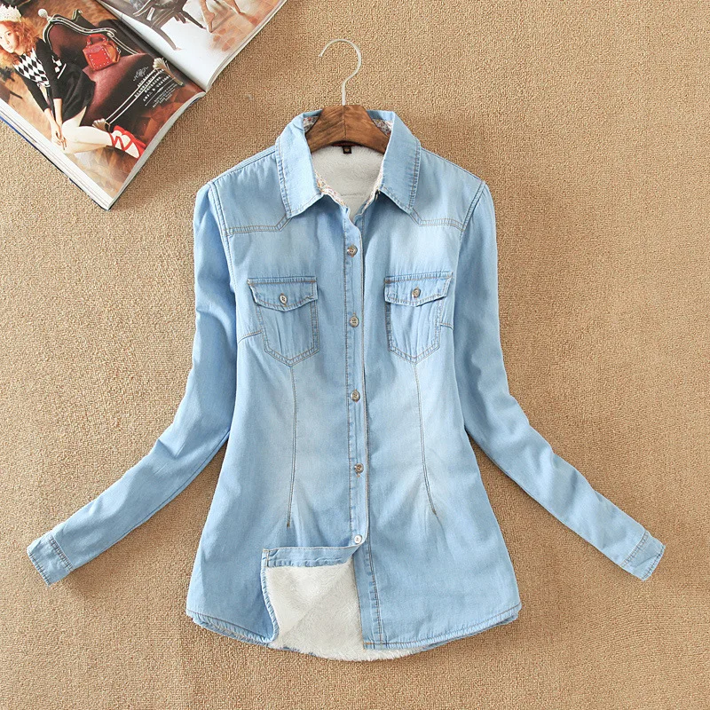 2017 Женская рубашка из шамбре Топ джинсовые рубашки и блузки длинный рукав кнопка