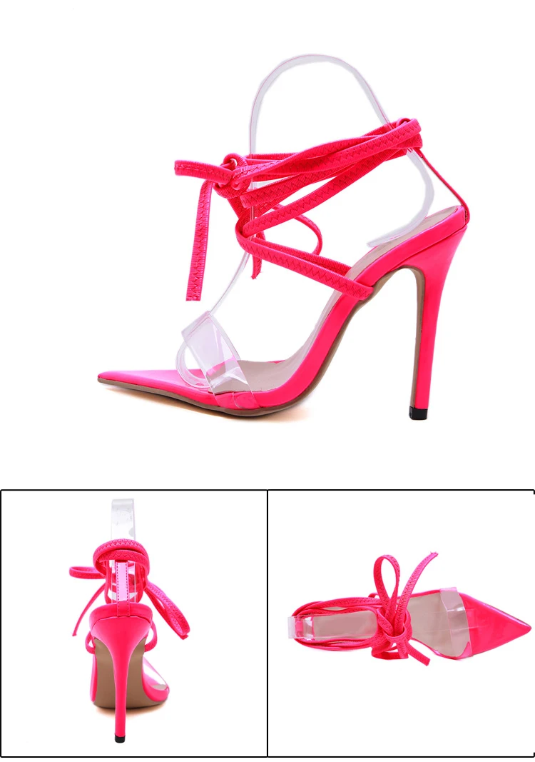 Aneikeh/ г. Милые модные женские босоножки из PU искусственной кожи прозрачные туфли-лодочки на тонком каблуке со шнуровкой модельные туфли с острым носком свадебные женские туфли цвет розовый, красный, 40