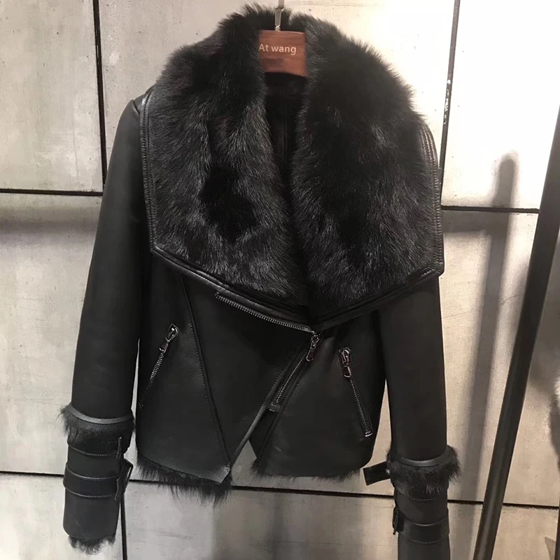 

Natural sheep fur coat women 2018 new fashion real tuscany sheep fur lining leather jacket free shipping