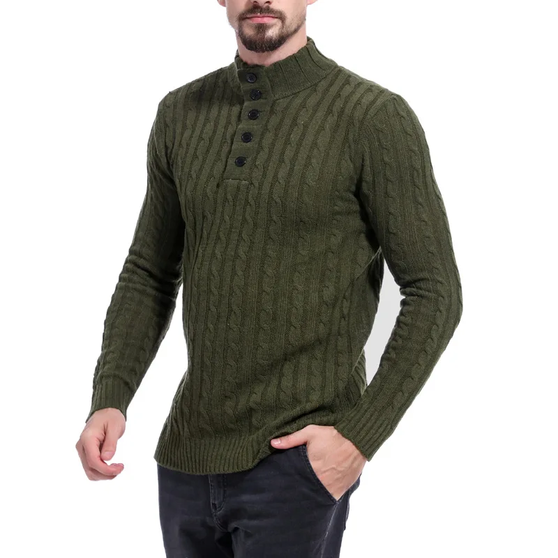 Мужской Одноцветный облегающий свитер с длинным рукавом, модный теплый свитер, мужской вязаный пуловер, Мужская водолазка на пуговицах