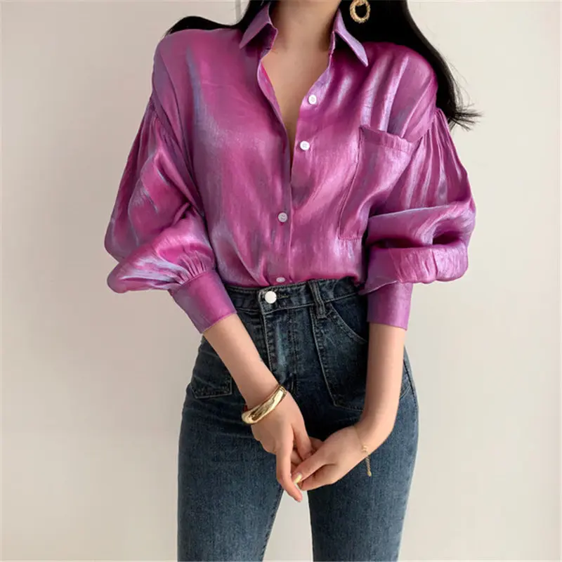 Goedkoop HziriP 2019 Zomer Reflecterende Losse Vintage Mode Effen Dunne Tops Retro Gratis Elegante Vrouwen Alle Match Casual Shirts 2 Kleuren