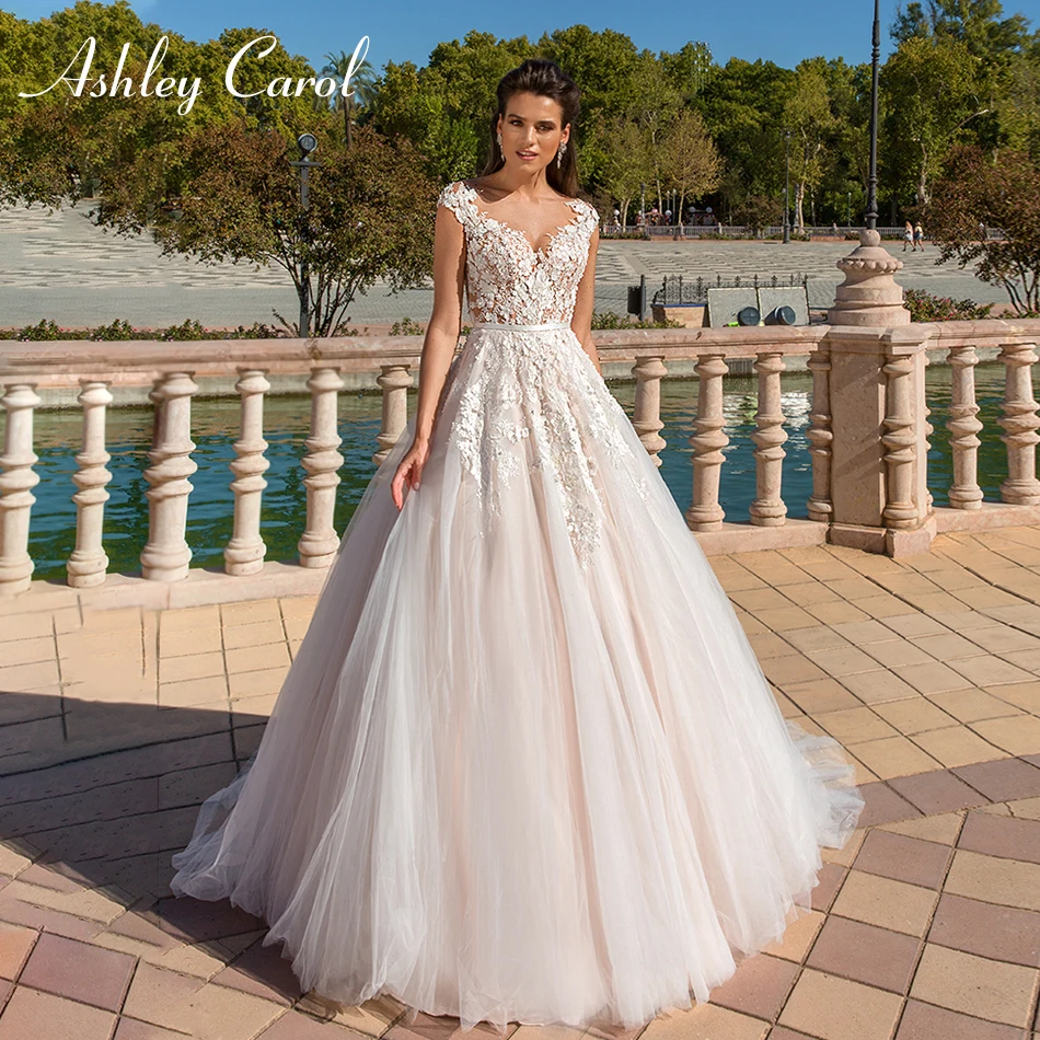 

Ashley Carol Graceful V-neckline Short Illusion Back Wedding Dress 2019 Tulle Appliques Bride Dresses Court Train Wedding Gowns