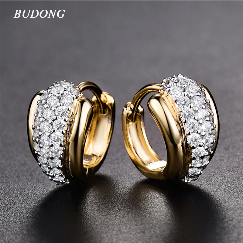 BUDONG Round font b Crystal b font Women Hoop Earrings Silver Gold Color Zirconia Hoop Hollow