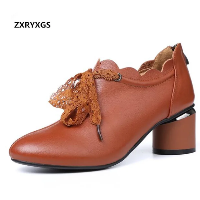 

2018 New Autumn Lace Elegant Women Shoes High Heels Real Leather Shoes Wild Thick with Sexy Deep Mouth Pointed Fashion Shoes