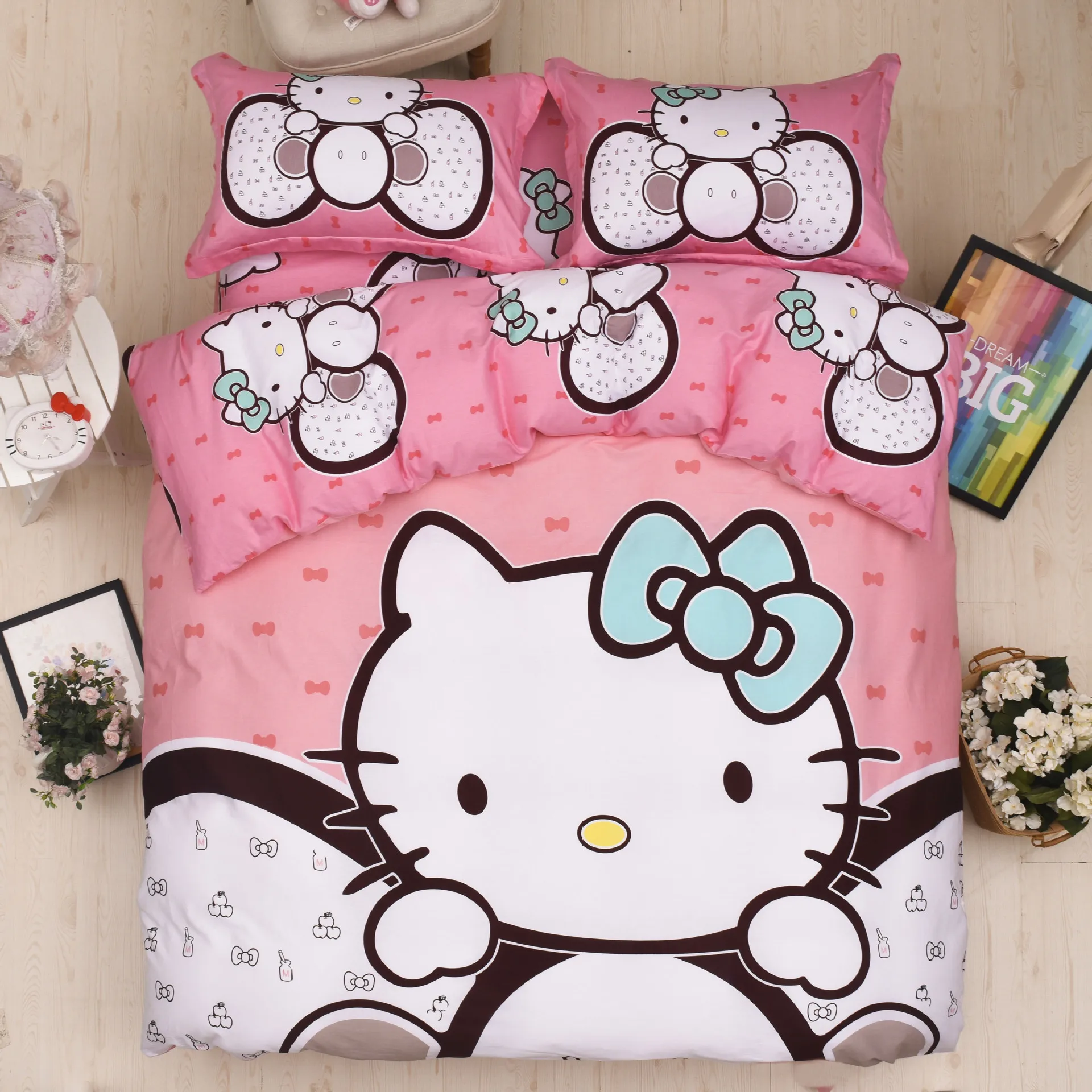 Комплект постельного белья из хлопка, рисунок «hello kitty Doraemon», розовая серия «love», 4 шт./3 шт., мягкий пододеяльник, Комплект постельного белья, наволочка