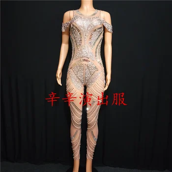 

Sparkly Rhinestones Sexy Nude Jumpsuit Women's Birthday Dance Party Prom Bodysuit Nightclub Female Singer Show Stage Rompers DJ