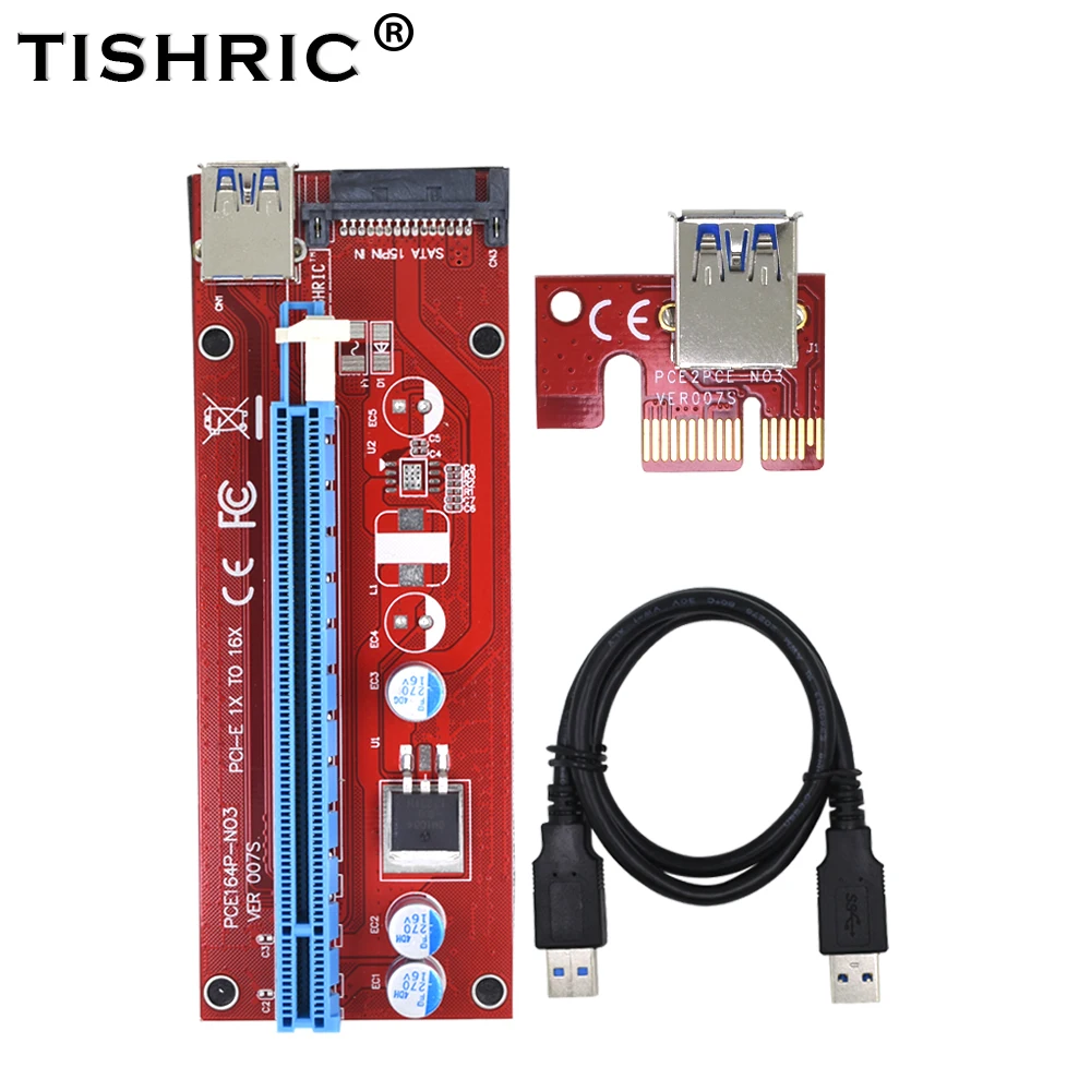 

TISHRIC 10pcs PCIE PCI-E Riser Card 007S PCI Express 1x to 16x Extender Adapter 15Pin SATA to USB 3.0 Cable Power Mining Miner