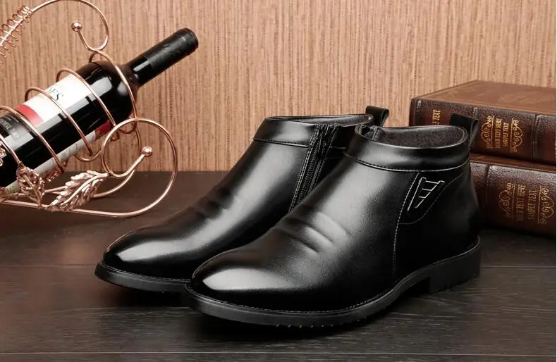 Monstceler/; зимние кожаные ботинки; мужская теплая обувь с высоким берцем; британский стиль; короткие плюшевые ботильоны; Мужская обувь в деловом стиле на молнии сбоку