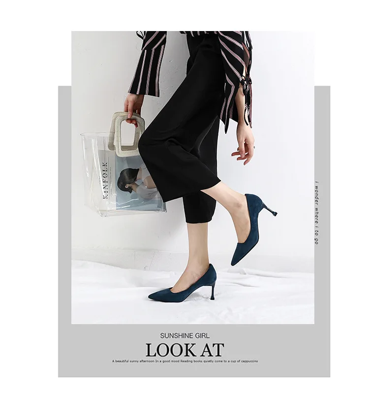 Классические для женщин офисные туфли на низком каблуке Новое поступление лаконичные однотонные флоковые острый носок 7 см женские туфли
