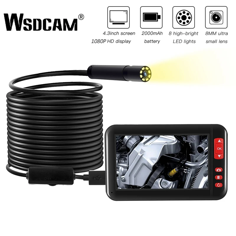 Камера Эндоскоп Wsdcam F200 2 м/5 м/10 м 8 мм HD 1080P с 4 3 дюймовым дисплеем 2000 мАч