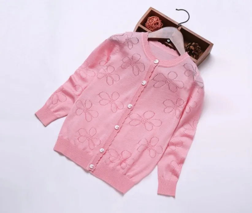 

New Cardigan For Girls Full-Sleeve Top Clothes Baby Children Flower Hollow Sweaters Summer Knitting Kids Outer Wear Jacket Gifts