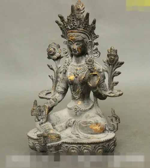 

S02691 9" Tibet Bronze Gilt Green Tara Mahayana Buddhism Enlightenment Goddess Statue B0403