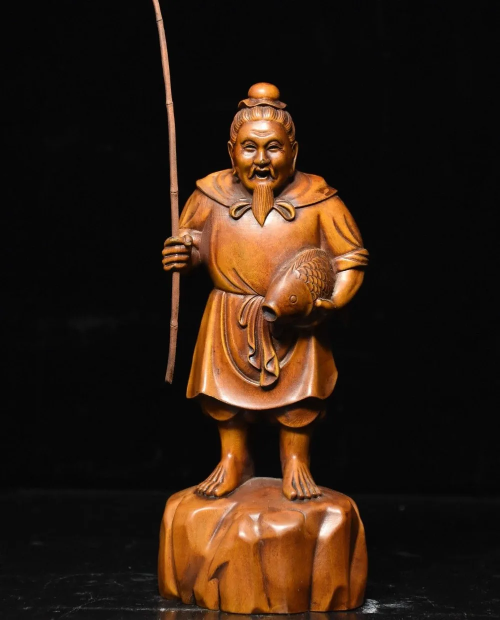 

christmas 7" Folk Collect Boxwood wood fisherman fisher smile old man hold fish Statue