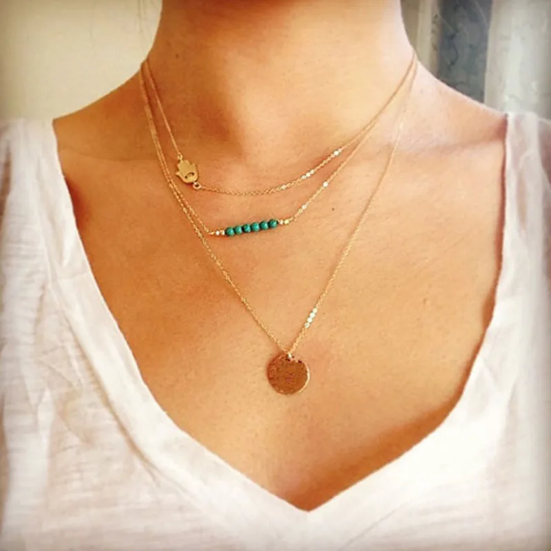 

Simple Bohemian Ethnic 3 Layer Necklace Statement Necklace For Women Summer Golden Color Necklace Bead Chain Necklace X283