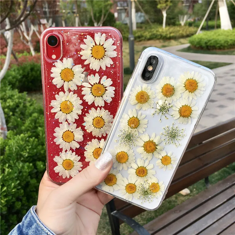 

Real Dried Flower Cases For iPhone X XS Max XR 6 6S 7 8 Plus Case Handmade Transparent Soft Fresh Flower Phone Back Cover Fundas
