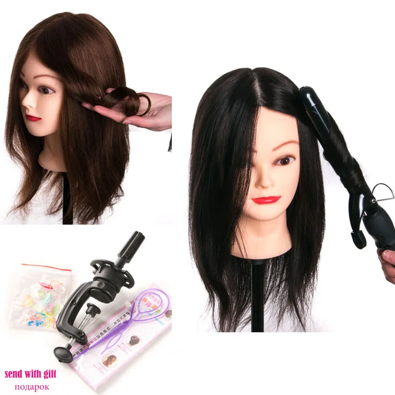 

100% real human hair head dolls for hairdressers 16'' brown training head professional Mannequin can be curled with gift