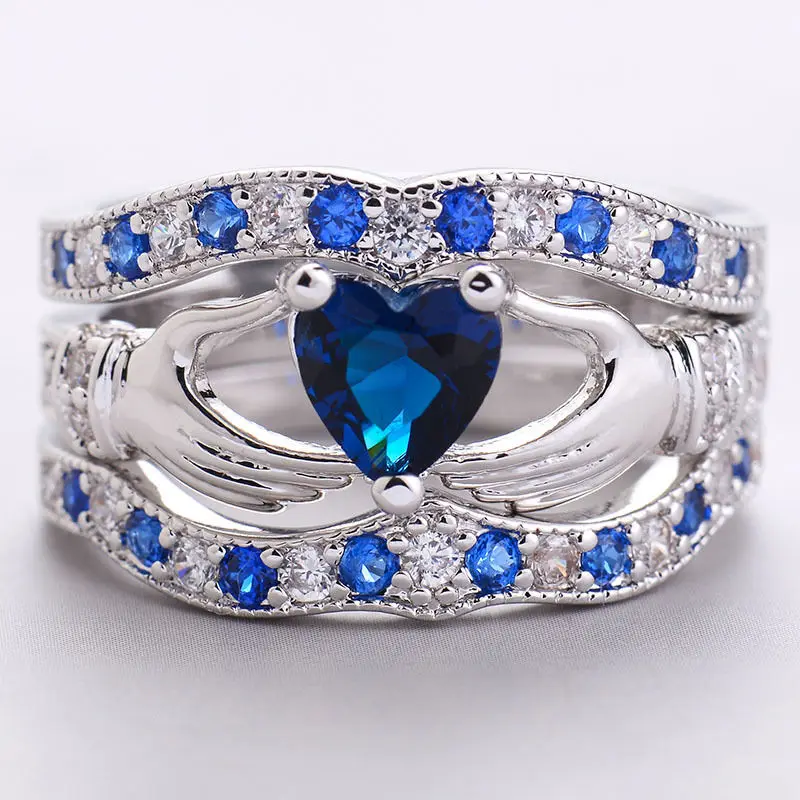 Новинка 3 в 1 модное женское кольцо Claddagh с голубым кристаллом серебряное обручальное кольцо ювелирное изделие подарок