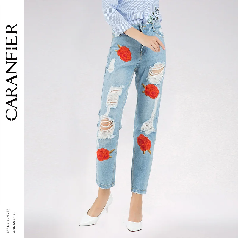 CARANFIER 2018 новые модные женские 3D сексуальные розы элегантные джинсы свободные