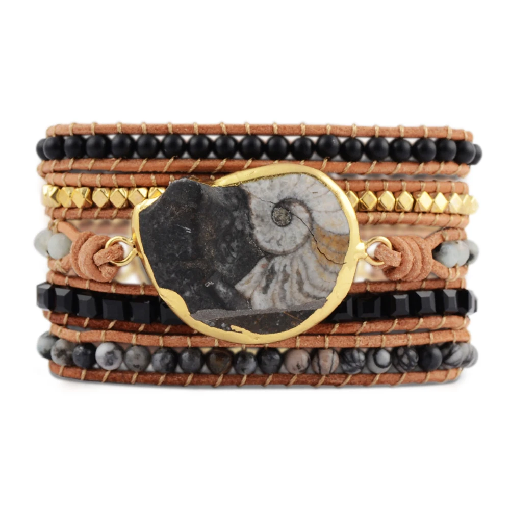 Baratos Brazaletes de cuero hechos a mano con fosils naturales negros y blancos bohemios brazalete de 5 hebras pulseras de piedra Natural únicas Dropship