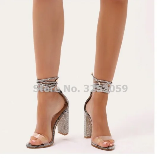 ALMUDENA Elegant Crystal Champagne Gold Chunky Heel Sandals with Lace-up, Rose Gold Accents, Clear PVC Wedding Pumps & Glitter Detail image 6