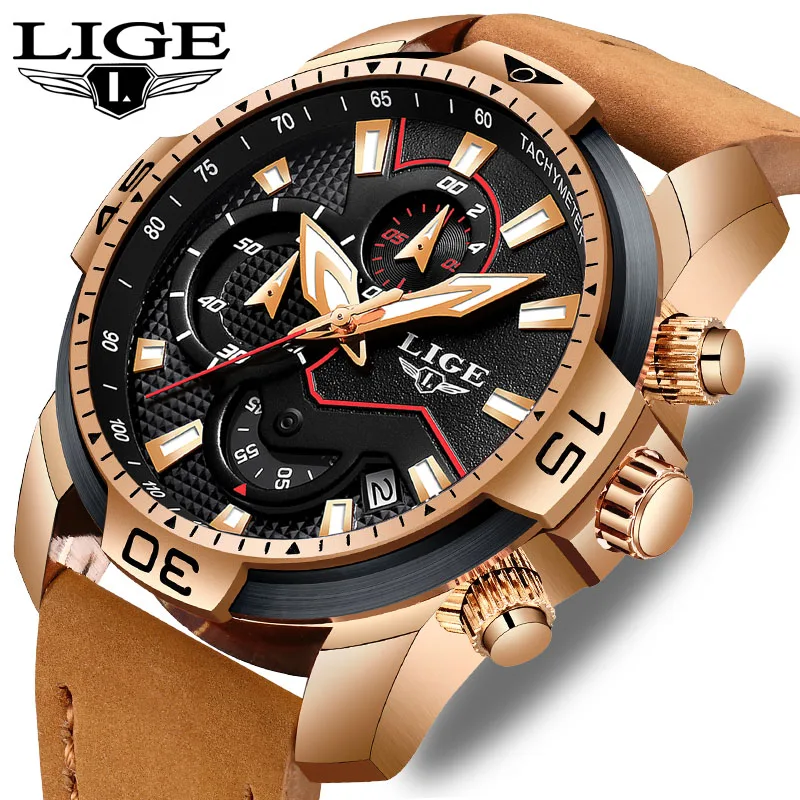 Relogio Masculino новинка 2019 мужские часы LIGE кожаные кварцевые с автоматической датой