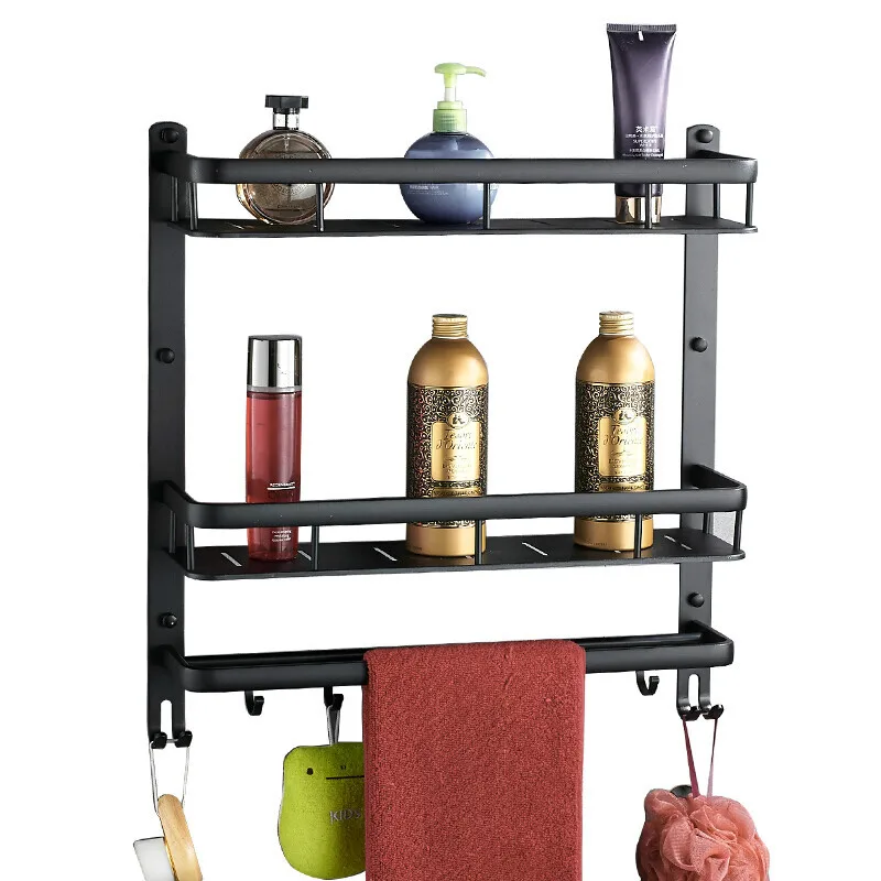

Black Space Aluminum Racks Bathroom Shelf Dual Tier American Towel Rack Bathroom Accessories Multi-layer Double Rods with Hooks