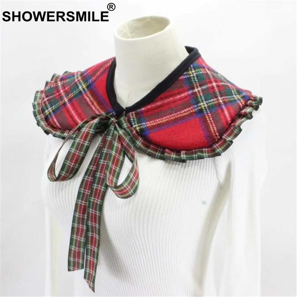 

SHOWERSMILE Women Fake Collar Red Plaid Woolen British Style Female Detachable Collar Peter Pan Bowknot Lace-up False Collar