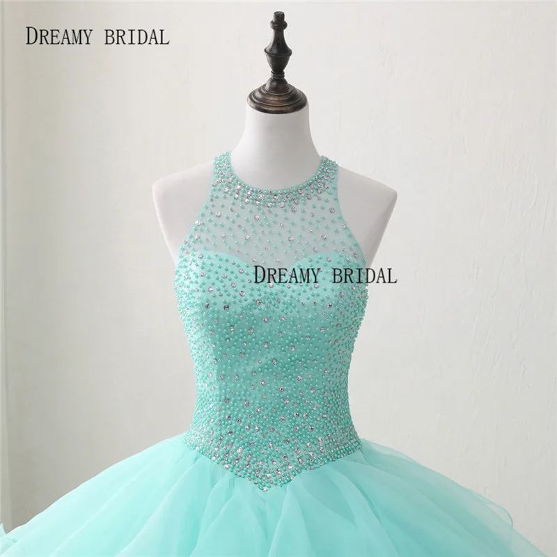 Bridal Quinceanera Ball Gown Dresses Beading Halter Vestidos de 15 Anos Lace Up Ruffles Debutante Longo Organza