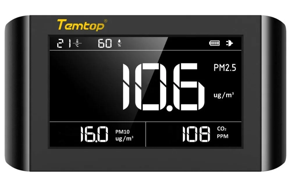 

Temtop PM2.5 PM10 CO2 Air Quality Monitor Temperature Humidity Indoor Air Detector Large LCD Display Rechargeable battery P1000