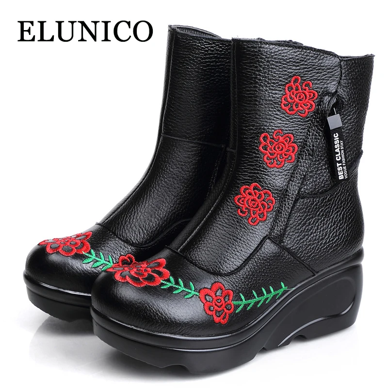 

ELUNICO Autumn and Winter 2018 Embroidered Ethnic Style Women's Shoes Genuine Leather Thick Bottom Warm Boots Zapatos De Mujer