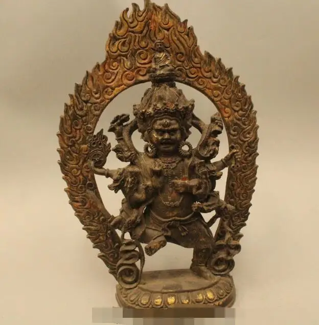 

song voge gem S6073 13"Tibet Buddhism Bronze Gild Dragon Three Head 6 arm Mahakala Buddha Statue