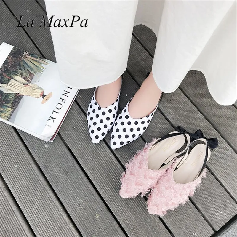 

La MaxPa Sling-Back Pink Black Dotted Shoes Women Flats Pointed Toe Comfort Dress Shoes Woman Polka Dot Sandals Mules Leasure