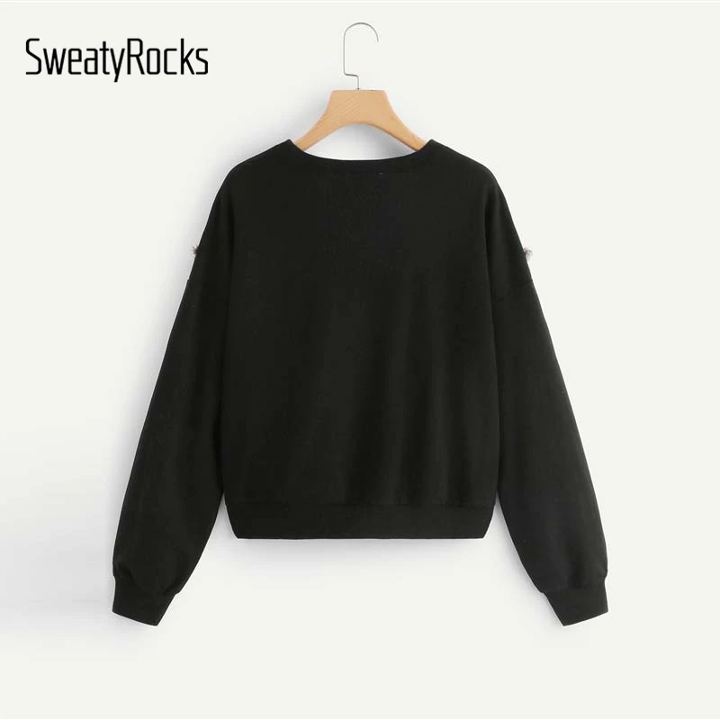 SweatyRocks, черная Повседневная вышитая лента и бахрома, толстовка с длинным рукавом, пуловеры, топы, осенние женские толстовки