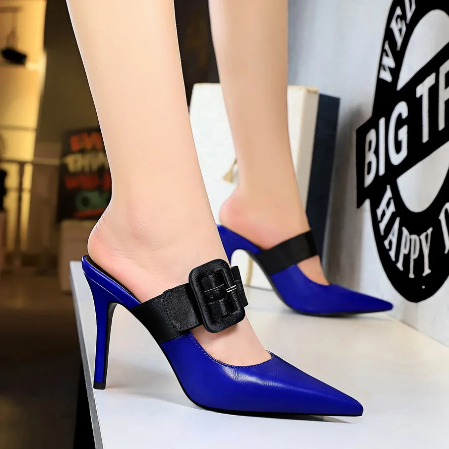

Women Sandals Shoes Slip-On Shallow 9.5cm Thin High Heels Pointed Toe Openwork PU Leather Lady Party Casual Feamle Slipper Shoes