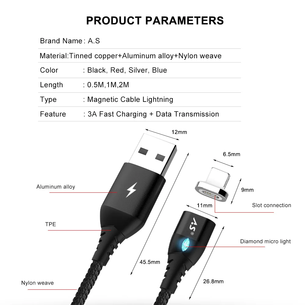 Магнитный usb-кабель A.S для iphone Xs max Xr X 8 7 6 plus 6s 5 ipad mini, кабель для быстрой зарядки мобильного телефона, шнур для передачи данных