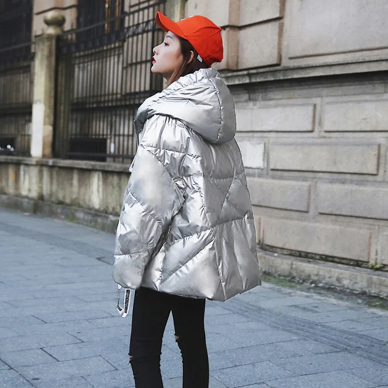 Женская зимняя куртка серебряного цвета с хлопковой подкладкой, женская одежда, Новое поступление, утолщенное теплое пальто с капюшоном, женские парки