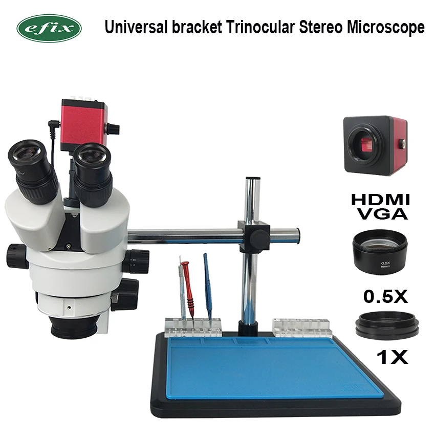 

efix 3.5~45X Continuous Zoom Trinocular Stereo Solder Microscope 13MP HDMI VGA Camera 56 LED Universal Bracket Phone Repair