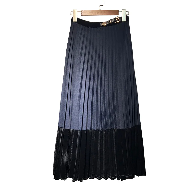 

Women Skirt 2019 Autumn and Winter Velvet Stitching Pleated Skirt