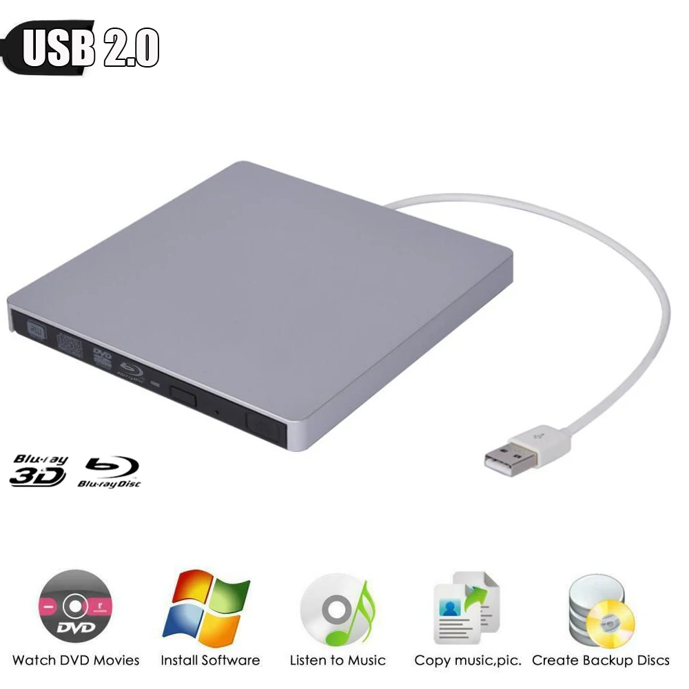 External Blu Ray Drive Slim USB 2.0 Bluray Burner BD RE CD/DVD RW 