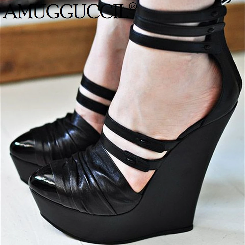 2019 New Arrival Plus Big Size 35-48 Black Zip Fashion High Heel Platform Girls Females Lady Wedge Shoes Women Pumps D1279