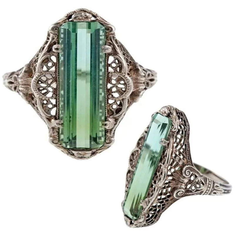 

Trendy Women Rectangular Green Stone Knuckle Rings Fashion Alloy Geometric Pattern Midi Finger Rings Jewelry Bague Femme Z5J395