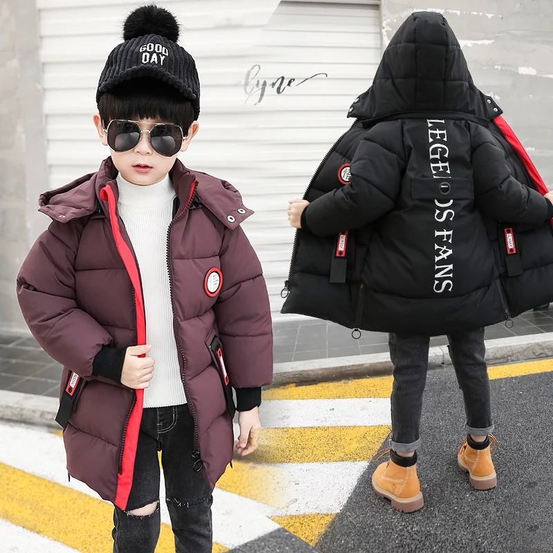 

4-9 years Boys cotton coat padded children's winter Hooded Russian winter kids down Printed letter windbreaker Big pocket lbel