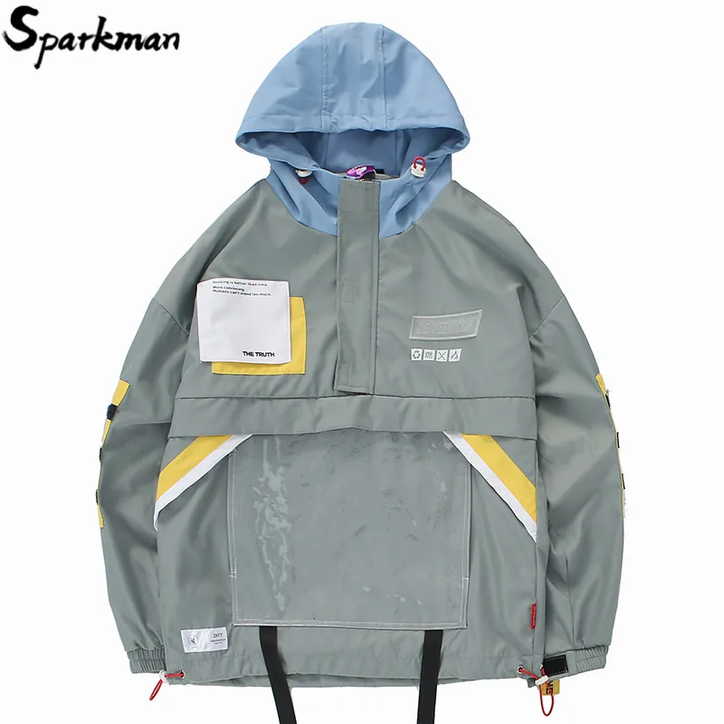 

Hip Hop Streetwear Hooded Jacket 2019 Spring Mens Harajuku Jacket Windbreaker Multi Pocket Buckle Track Jacket Coat Swag Ribbon